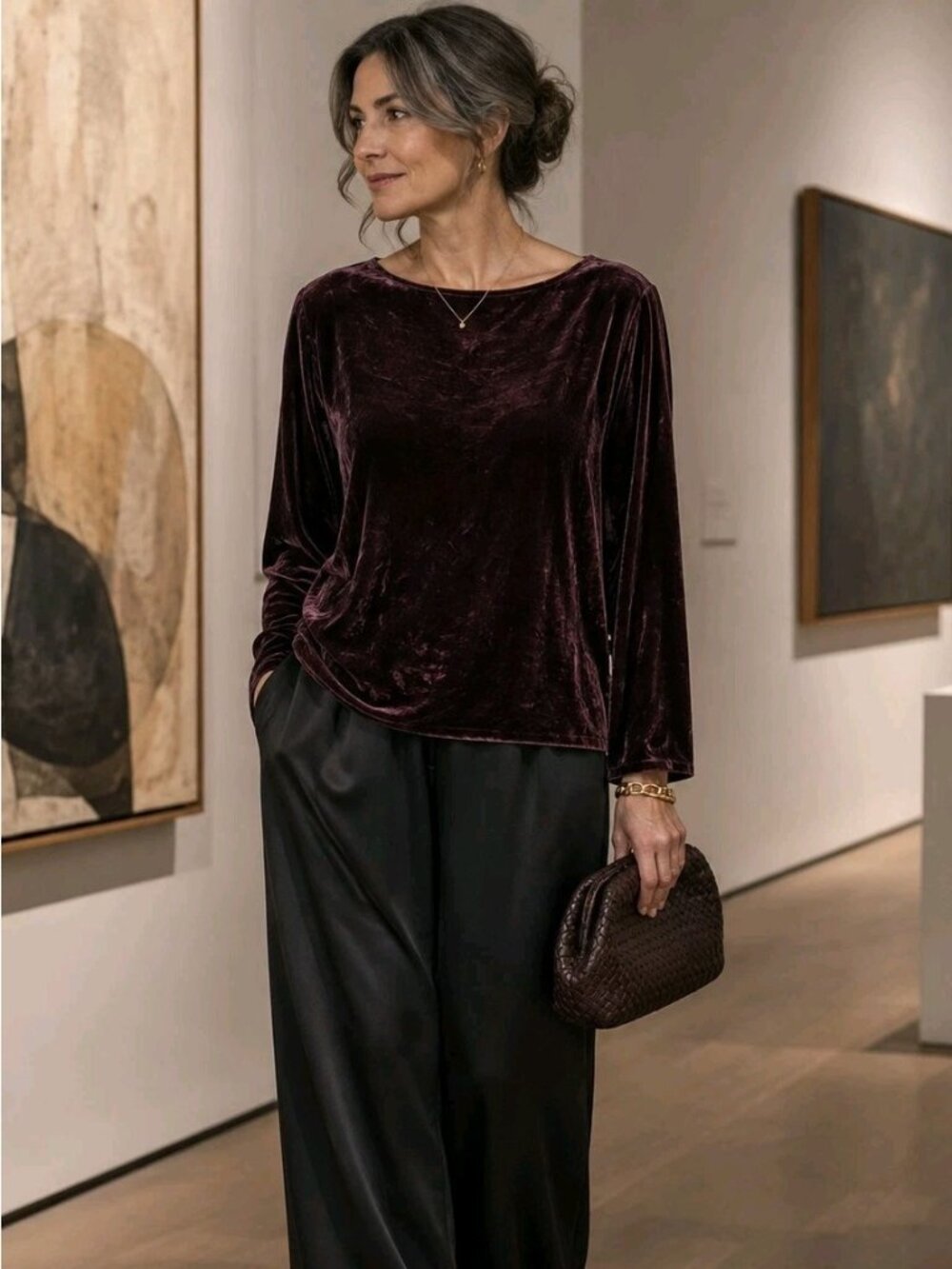 Eileen Fisher Velvet Pullover Blouse Plum Wine Noir